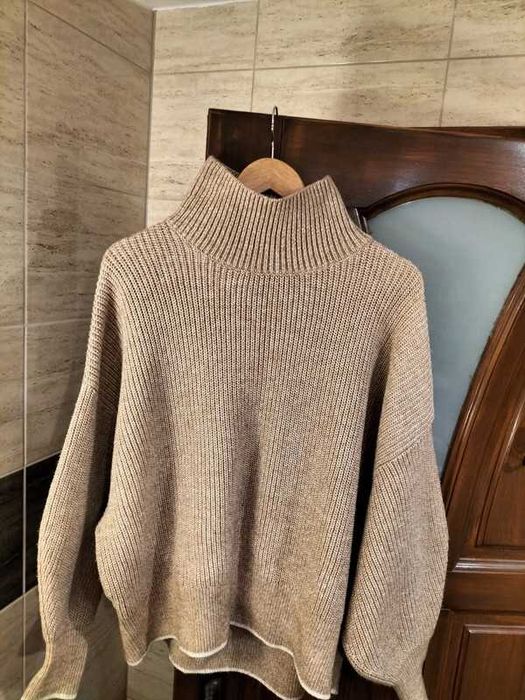 Ciepły sweter ala nietoperz dzianina nude szerokie rękawy bufiaste h&m