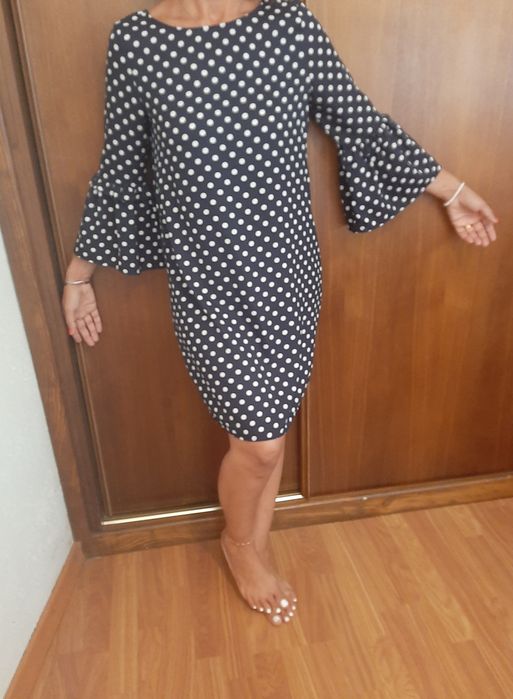 Vestido azul c bolas brancas,  M