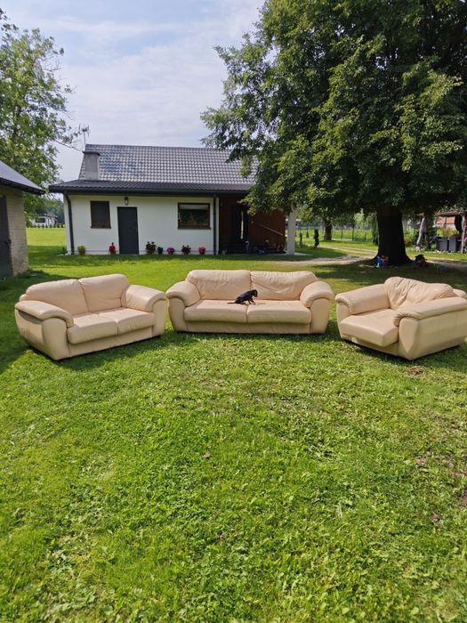 Komplet skórzanych sof 3+2+1 – skóra naturalna, beżowy komplet wypoczynkowy