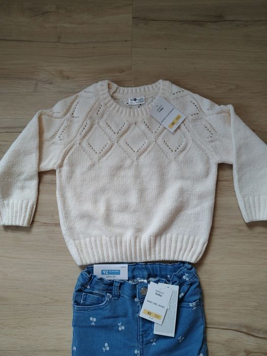 Nowy zestaw spodnie jeansowe, ciepły sweter 92