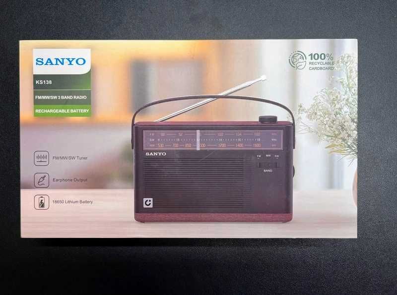Rádio Portátil Sanyo KS138 (FM/MW/SW) com Bateria Recarregável por USB-C – Novo na Caixa
