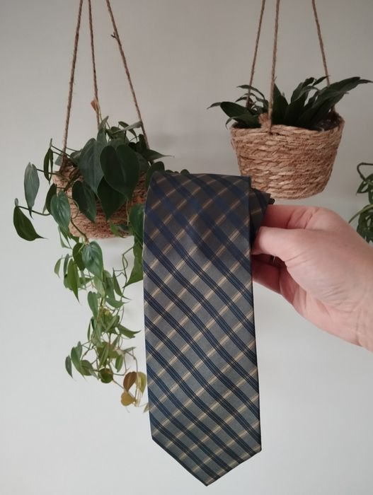 Męski jedwabny krawat 100% silk, ciemnozielony, khaki, kratka, 9,5 cm