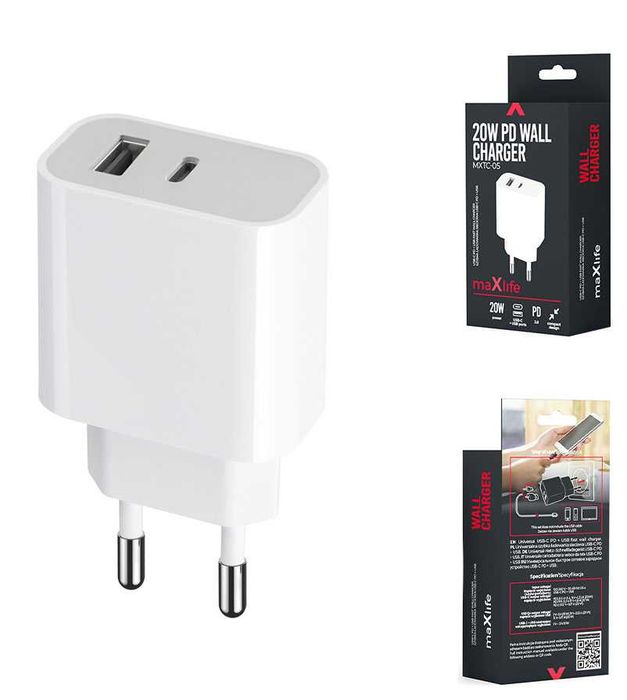 Ładowarka Sieciowa USB Maxlife 20W 1x USB 1x USB-C kolor: biały