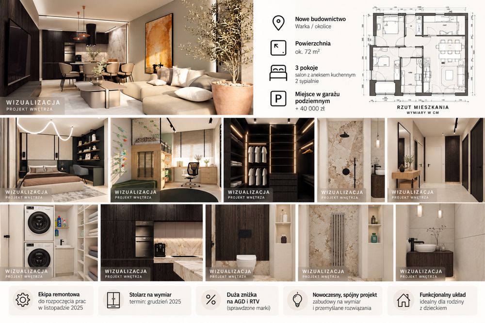 71,5 m² | 3 pokoje | 2 balkony | projekt wnętrza | Warka |