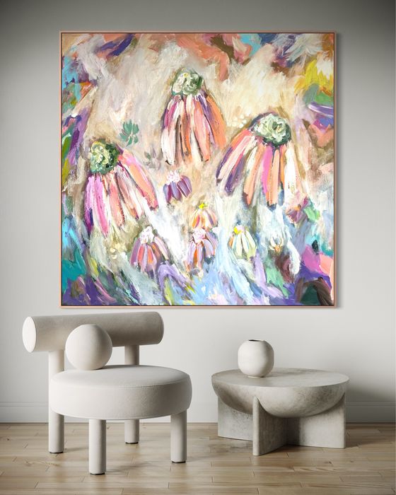 Obraz abstrakcyjny malowany ręcznie na płótnie 100x100 cm, kwiaty