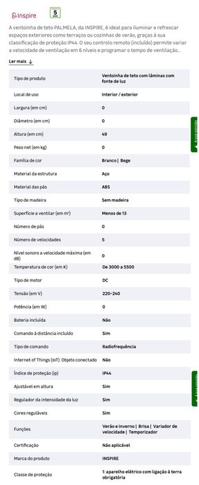 Ventoinha de teto com luz LED IP44 em excelente estado