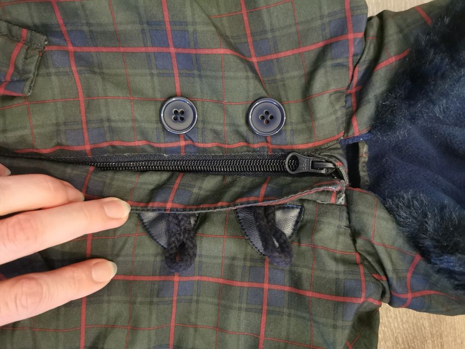 Kombinezon zimowy 56 62 w kratkę z futerkiem, stópkami i rękawiczkami