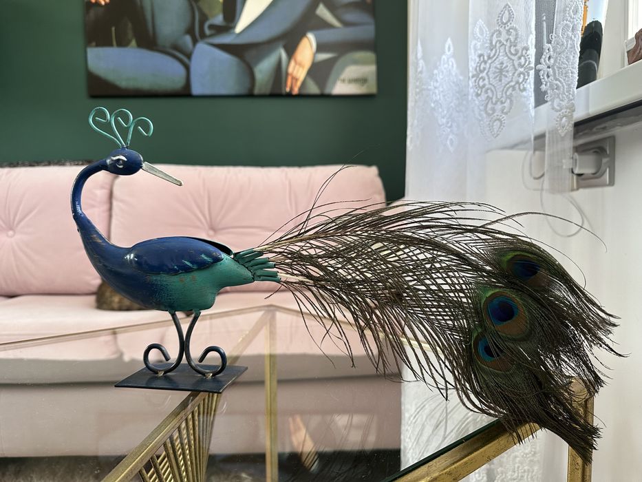 Piękny paw art deco, rzeźba, figura pawia, metaloplastyka