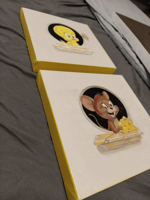 Obrazy ręcznie malowane dla dzieci – Ptaszek Tweety i Myszka Jerry