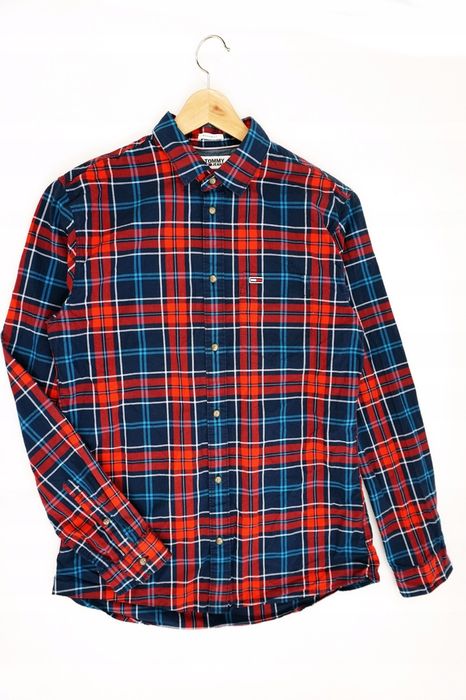 O84 bawełna koszula męska Tommy Hilfiger slim krata czerwona M