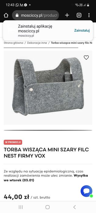 Torebka wisząca mini szara filc Nest meble Vox torba pojemnik filcowy