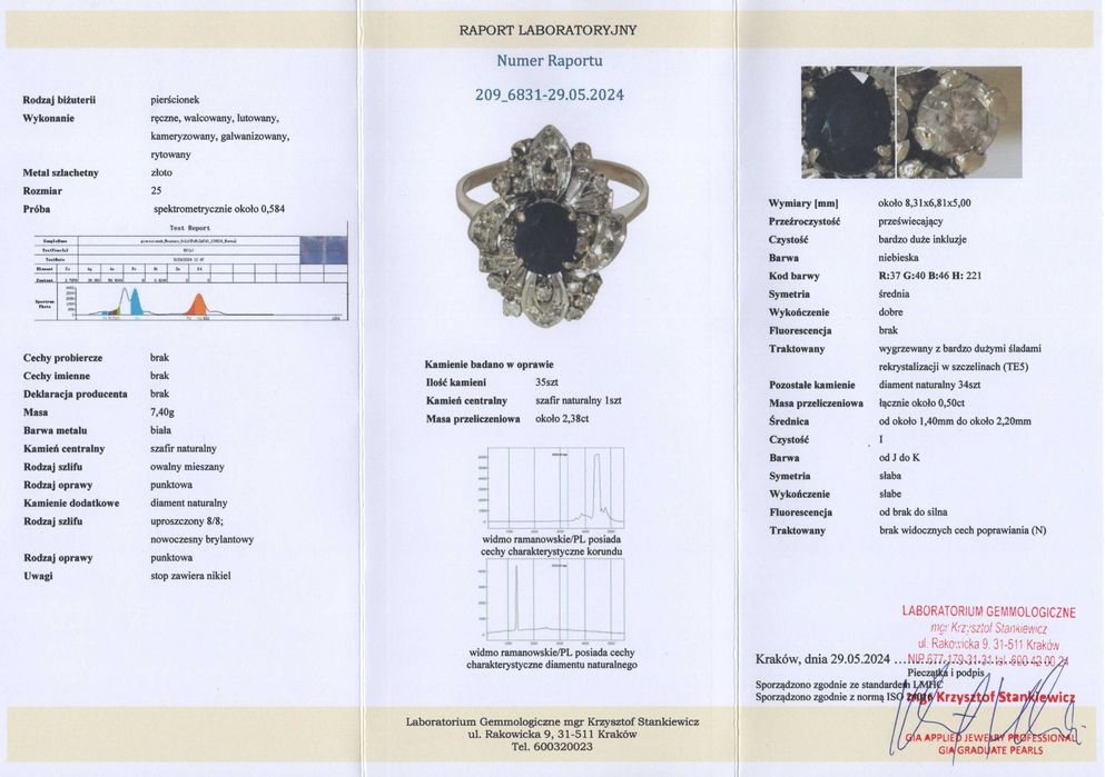 Złoty Pierścionek - Duży Rozmiar - 14K - 7,40g - SZAFIR - DIAMENTY