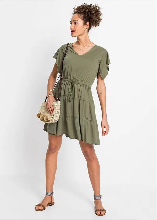 B.P.C khaki sukienka shirtowa z falbanami 44/46.