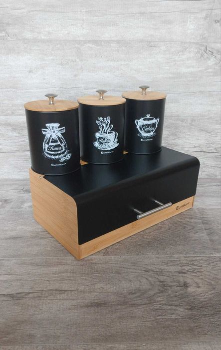 Komplet chlebak bambusowy z pojemnikami na Kawę Herbatę Cukier