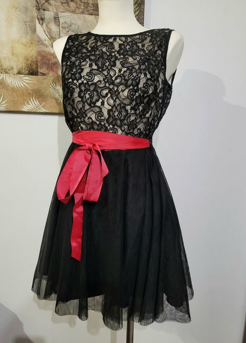 Czarna sukienka z różową kokardą Ette Lou M 38 na wesele na randkę