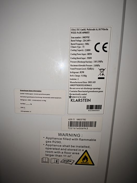 Klimatyzator przenośny Klarstein 2021. Moc chłodząca 2100w, 950w pobór