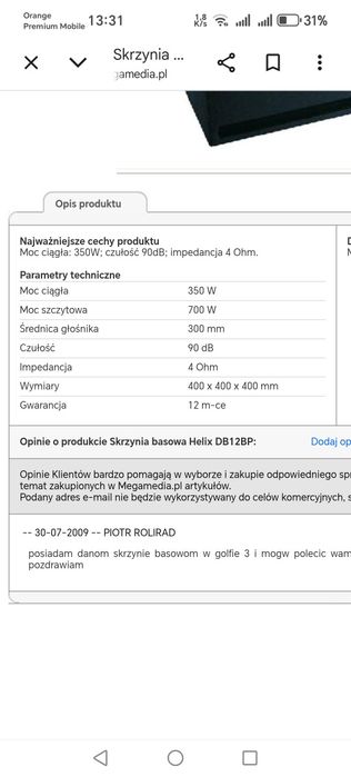 Skrzynia basowa 350 W moc znamionowa