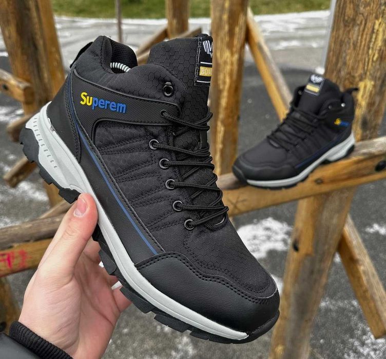 Мужские Зимние Кроссовки на Меху Черные с белым Высокие Ботинки