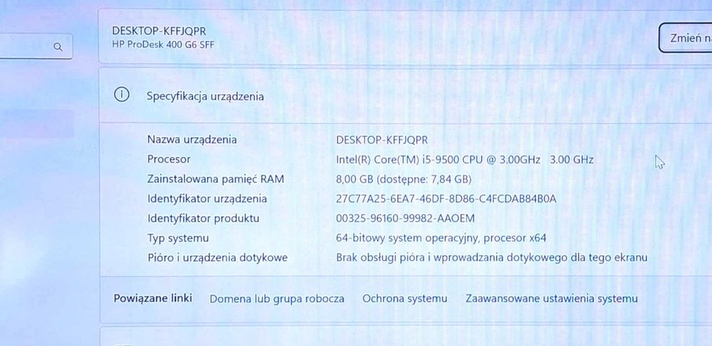 Komputer HP Prodesk 400 G6 SFF i5-9500 8GB ram 256GB-SSD Win11 Pro