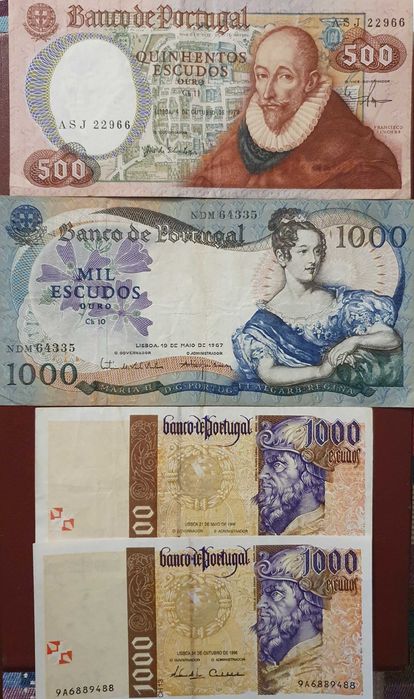 Portugal - Banknotes: 500 Réis 1899, 1 Escudo 1920 + 20/50/100/500/1000 Escudos