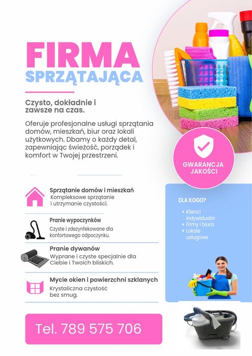 Sprzatanie domow mieszkan biur. Pranie wypoczynków i dywanów.