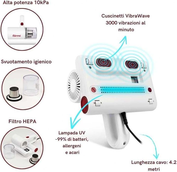 Girmi - usuwa do 99% alergenów i bakterii Sterylizujące światło UV.