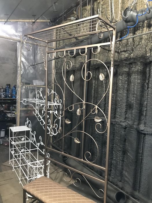 Вешалка кованая с банкеткой для обуви, прихожая, полка, пуф, подставка