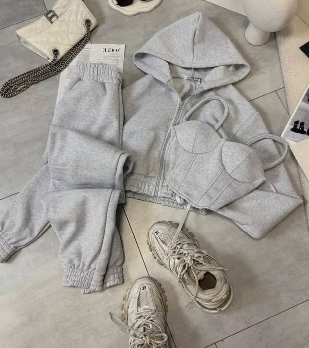Dres trzyczęściowy S komplet  set szary bluza gorset spodnie