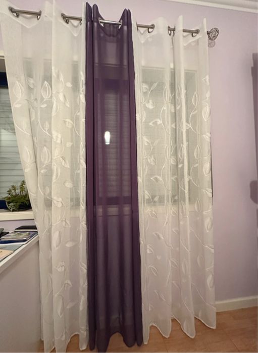 Cortinado de 3 peças branco e roxo para sala/quarto
