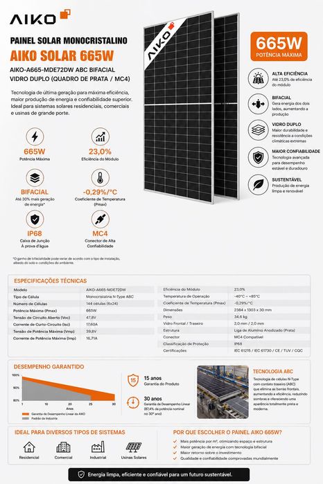 Painéis Solares 665w Aiko  -Type Bifaciais - Alta Eficiência