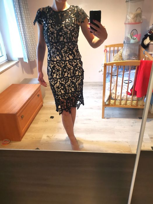 Ażurowa koronkowa podwójna sukienka midi elegacka emamoda 36 S