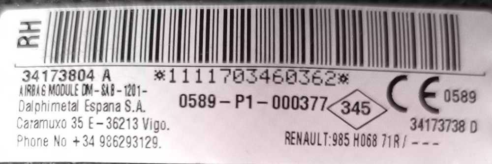 Airbag Banco Direito DACIA SANDERO II ano 2012