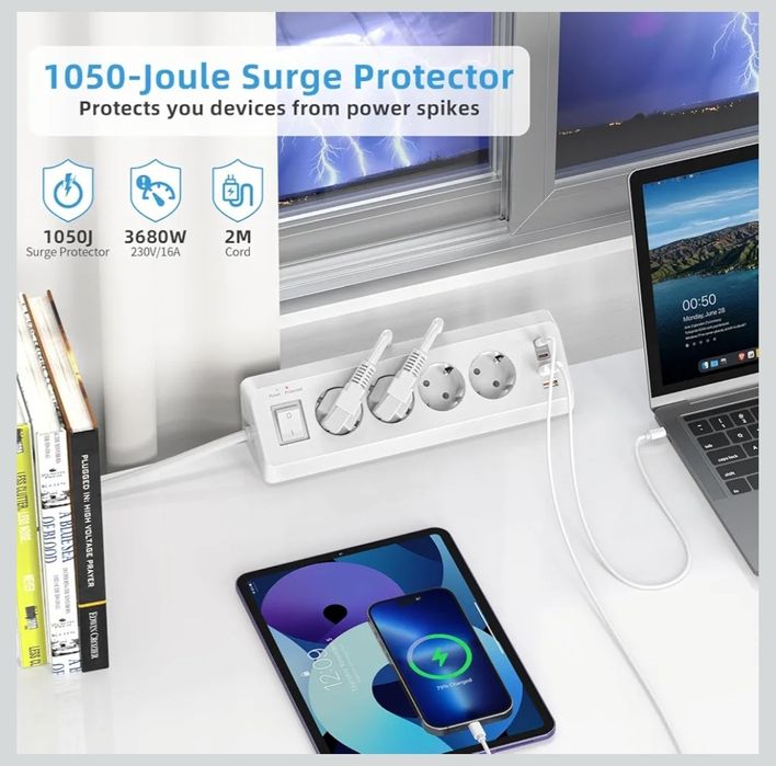 Gniazdo stołowe z USB C (PD 20 W), listwa zasilająca 8 w 1