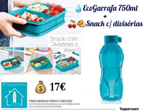 Tupperware Snack Container with Dividers, 1 Liter + Eco Water Bottle, 750 ml