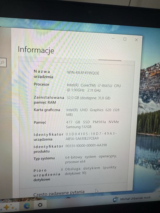 Lenovo t490s, i7, 32 ram, 512 gb, dotyk, bateria trzyma  4-5 godz