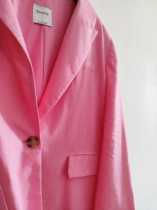 damska różowa lniana marynarka oversize Bershka