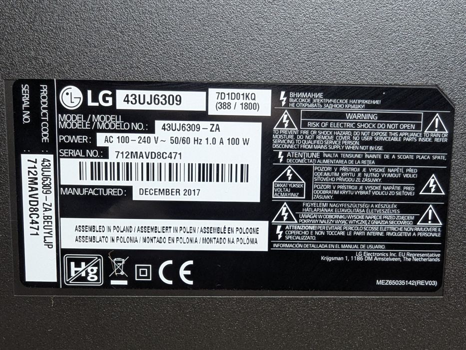 LG43UJ6309  4K Ultra HD Smart TV,Wi FI / 2017 /