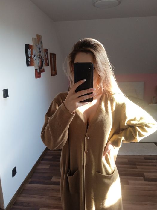 Sweter sweterek tunika narzutka długa M l xl dekolt v guziki jesień