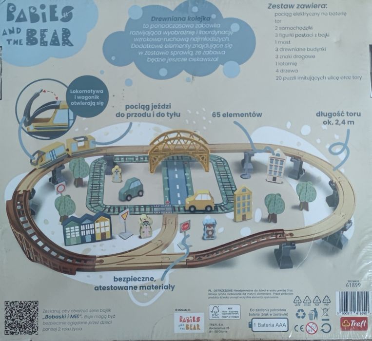 Kolejka elektryczna drewniana Bobaski i Miś Trefl, nowa.