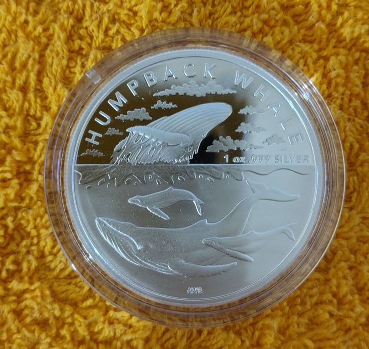 Срібна монета. Австралія. Антарктична територія. Кити.  31.1 грам