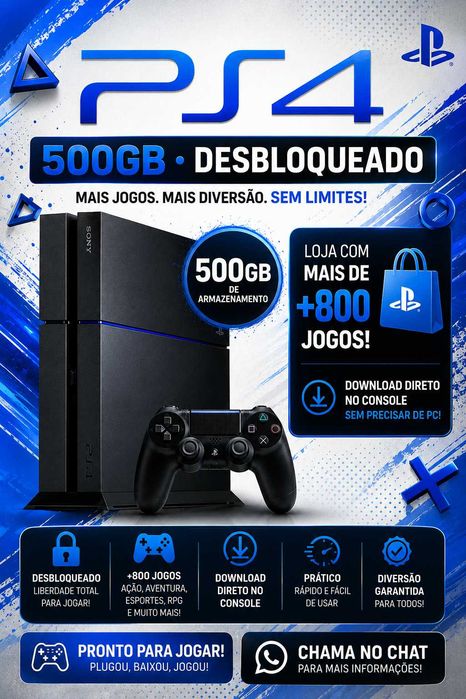 PS4 500GB Desbloqueado + 800 Jogos  Pronto para Jogar