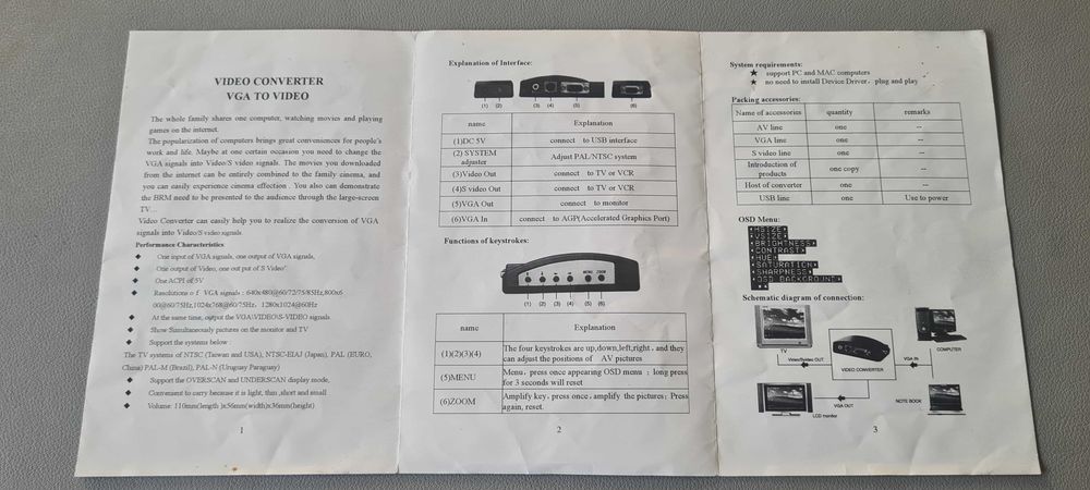Adaptador/Conversor VGA para AV Video RCA e S-Video com Cabos e Manual