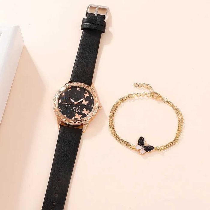 Na prezent  Elegancki zegarek i bransoletka czarny motyl Dial