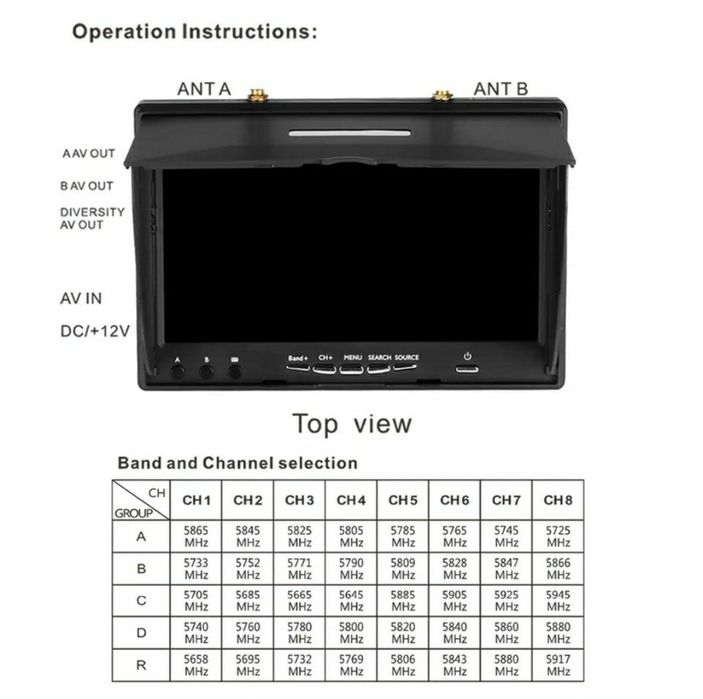 Монітор 7 дюймів FPV  LCD5802S 5.8G 40CH + 1.2 на  9 СН DVR