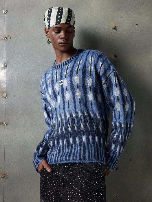 Sweter męski oversize niebieski wzorzysty okrągły dekolt neon blanc S