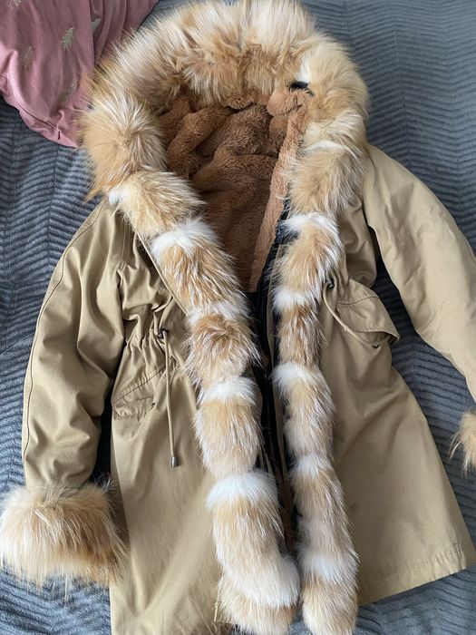 Piekna parka futro naturalne ciepła kurtka