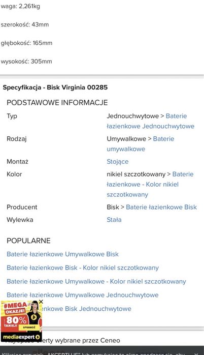 Bisk nablatowa bateria umywalkowa 32 cm