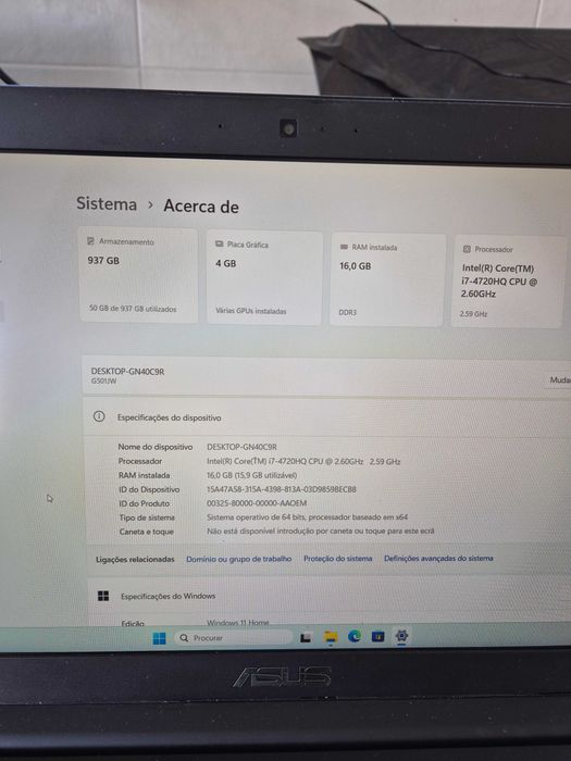 Asus Rog game G501Jw processador i7-4200HQ, memória 16gb
