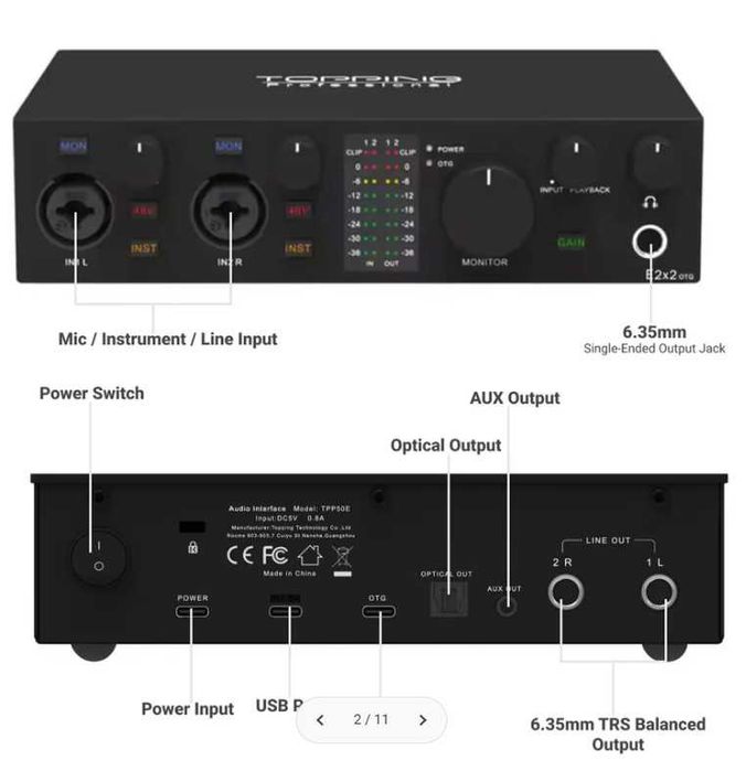 TOPPING E2x2 OTG Professional аудиоинтерфейс USB звуковая