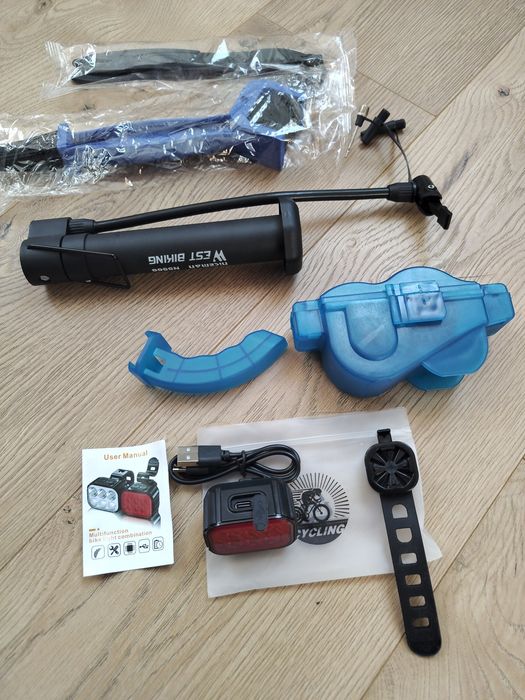 Zestw do roweru pompka, lampka USB, szczotki do czyszczenia łańcucha